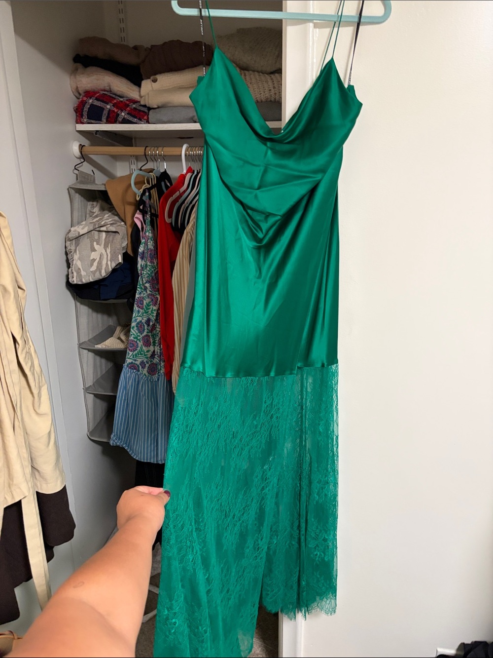 Shona Joy Emerald Green Asymmetrical Lace Slip Dress